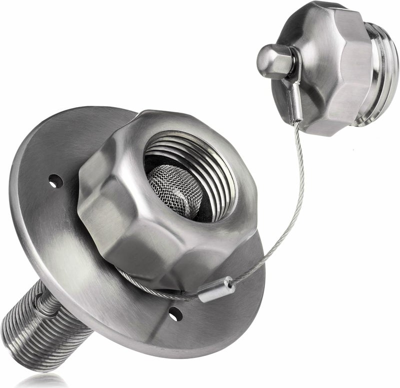 Renator RV City Water Inlet Connection with Check Valve, All Metal Construction, Brushed Stainless Steel - Image 1